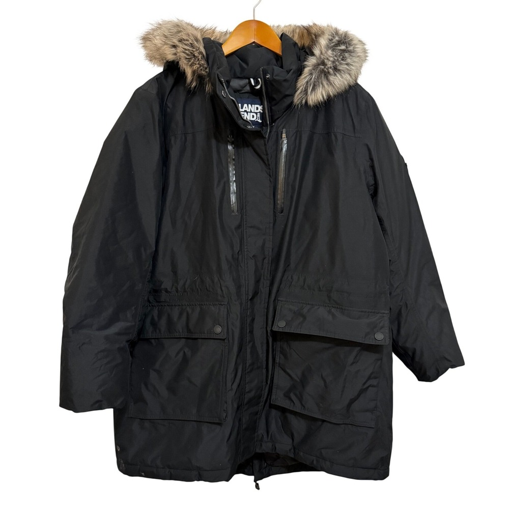 Lands End Women Parka 1X Black Down Faux Fur Hood Heavy Winter Coat Gorpcore